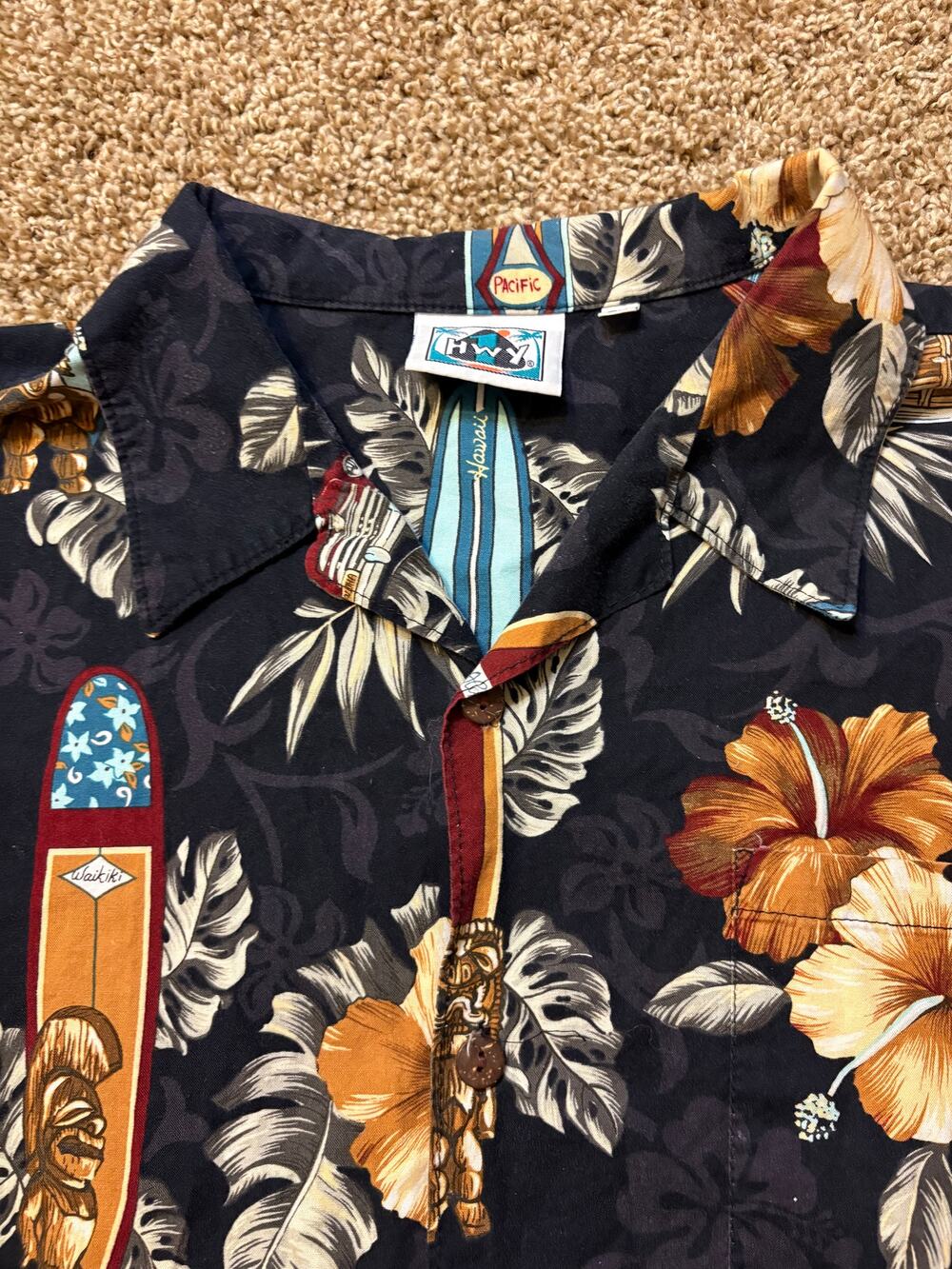 Hwy 1 Hawaiian Tropical Surf Tiki Print Down Shirt Size XXL Vintage Made In USA